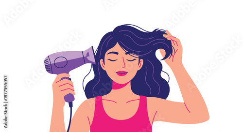 Woman styling her long dark hair with a hair dryer and her hand