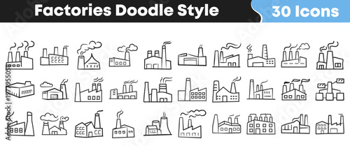 Many different industrial factory building icons drawn in a simple sketchy doodle style for your modern creative design project needs