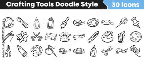 A comprehensive collection of hand-drawn crafting tools and art supplies presented in a unique doodle style for creative projects and design needs.