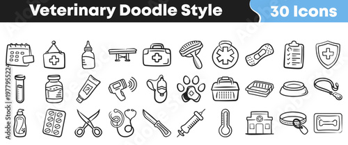 A comprehensive set of thirty hand-drawn veterinary doodle style icons for pet care, animal health, and clinic related designs.