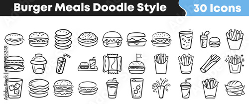Collection of various hand drawn burger meal doodle style icons representing fast food items for menu design and web graphics