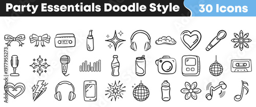 Collection of hand drawn party celebration icons featuring musical equipment festive decorations and fun social event accessories for graphic design