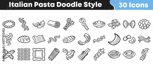 Collection of various hand drawn italian pasta shapes and noodle types illustrated in a clean and simple doodle sketch style