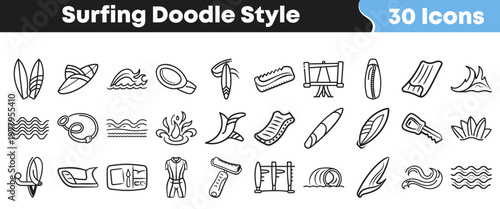 Set of thirty hand drawn doodle style surfing icons representing various equipment and beach activities for summer water sports projects