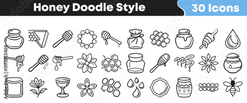 A charming collection of hand-drawn honey and bee-themed doodle icons perfect for sweet designs and natural product illustrations