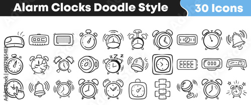 A collection of hand drawn alarm clock and time icons illustrating various devices for setting reminders, managing schedules, and waking up.