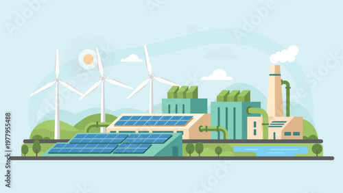 Solar panels and wind turbines with green industrial factory in eco landscape representing renewable energy production and sustainable environment