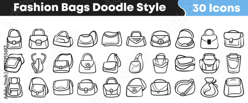 Hand drawn collection of thirty different fashion bags designed in a simple doodle style for various creative design projects today