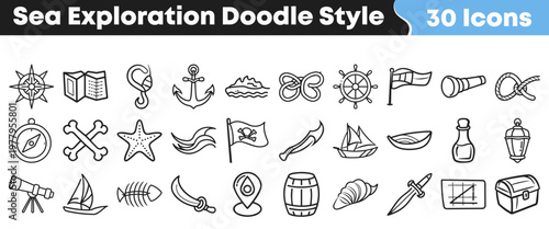 A vibrant collection of 30 hand-drawn doodle style icons depicting essential elements for sea exploration, pirate adventures, and nautical themed designs.