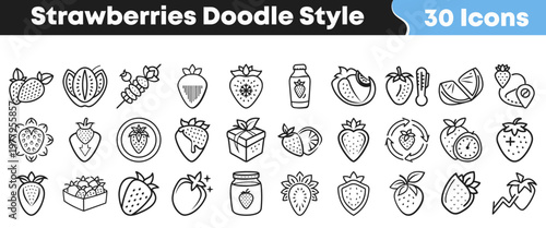 This charming set features thirty unique doodle style strawberry icons, ideal for culinary themes, fruit designs, and sweet graphic illustrations.