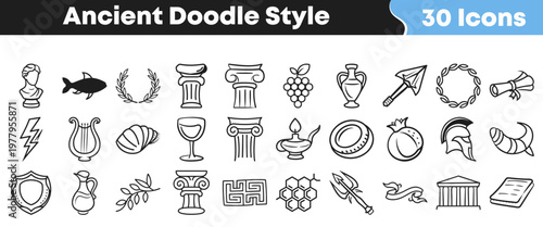 Collection of thirty hand drawn ancient greek icons showcasing various cultural symbols and historic artifacts in a simple doodle style