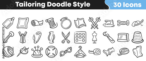Set of thirty hand drawn tailoring and sewing doodle style icons featuring various equipment for professional fashion design creative projects