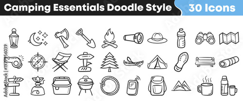 A diverse collection of hand-drawn camping essentials icons in a unique doodle style for outdoor adventure activities.