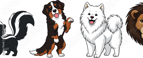Cute dog breeds vector illustration set featuring cartoon skunk Bernese mountain dog Samoyed and lion character animals isolated