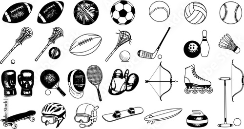 Black and White Line Art Collection of Hand-drawn Sports Equipment, Balls, and Gear for Athletic and Recreational Activities