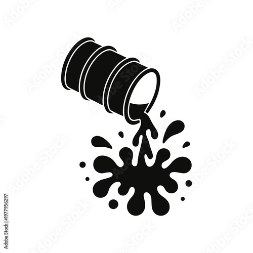 Oil barrel, spilling oil, black splatter, industrial pollution, environmental damage