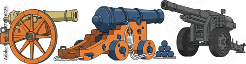 Historical Cannon Artillery Collection Featuring Classic Wooden Wheel Cannons, Vintage Military Weapons, and War Equipment Illustrations Isolated on Clean Background