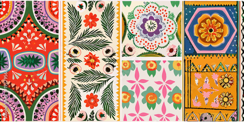 Four patterned fabric swatches displaying floral and geometric designs