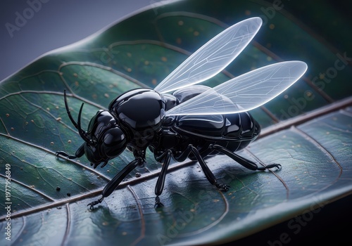 Glossy black insect rests on a large green textured leaf.