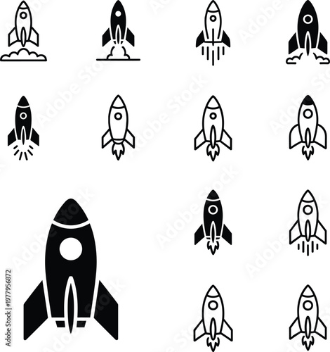Rocket icon set with space launch symbols in flat and silhouette styles for startup technology and innovation design