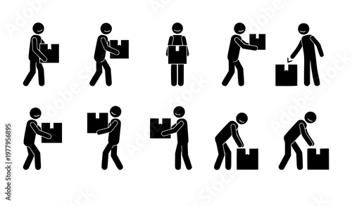 Stick figure box handling icons carrying handing receiving package vector isolated on white background