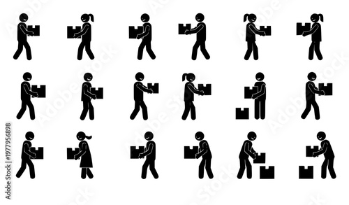 Stick figure logistics actions box exchange carrying receiving icons vector isolated on white