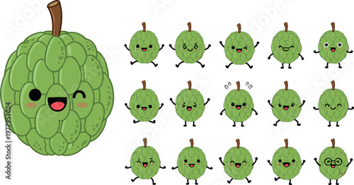 Cute custard apple characters with different facial expressions cartoon fruit mascot set kawaii vector illustration isolated on white background