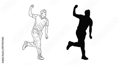 Vector illustration of a man throwing a ball in dynamic running pose with shadow