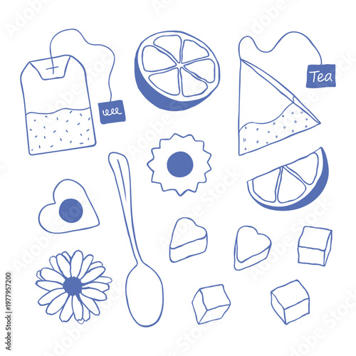 Cute whimsical hand drawn tea elements collection with teabag, lemon, spoon, chamomile flower and sugar cubes. Cozy kitchen doodle set perfect for cafe design, tea packaging, menu graphics and sticker
