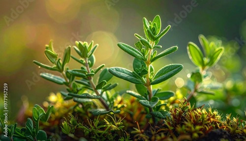 A small green plant with leaves growing in the ground with moss.