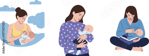 Mother Breastfeeding Baby Illustration Set with Nursing Positions, Maternal Care, Infant Feeding, Parenting, and Bonding Moments Vector Collection