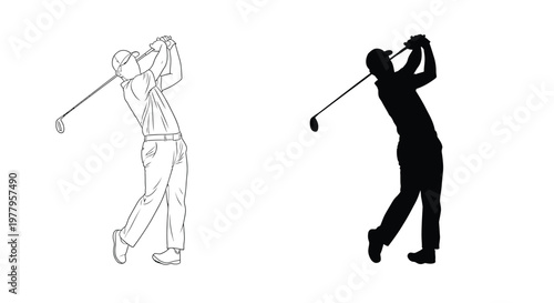 Golfer in action with golf club vector illustration design
