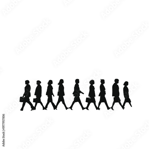 Business people silhouettes march forward in a single line, showcasing a dedicated workforce moving toward future objectives with a clean aesthetic featuring plenty of empty copy space for branding.