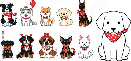 Cute dog characters vector set with different breeds, cartoon puppies wearing bandanas and accessories, adorable pet illustration collection