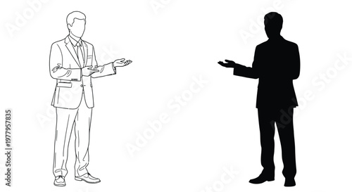 Businessman in a suit presenting with a confident gesture in vector illustration design