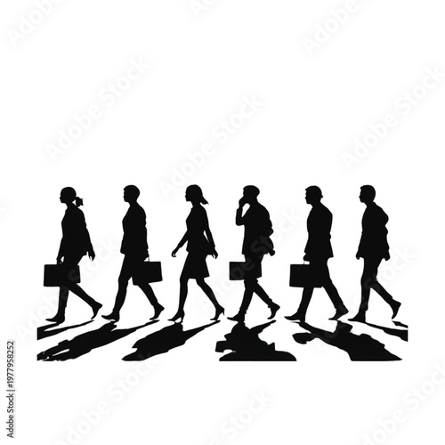 Businesspeople walk in a professional procession across a bright white background, each individual carrying a briefcase while casting distinct shadows that suggest a busy morning commute.