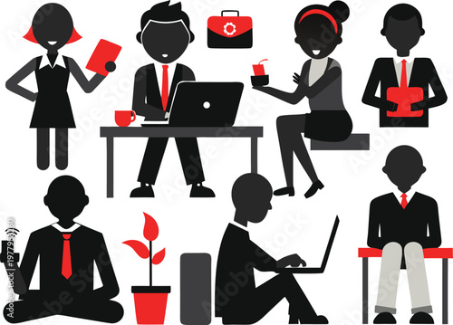 Office workers busy at desks with laptops and documents discussing business strategy teamwork collaboration.