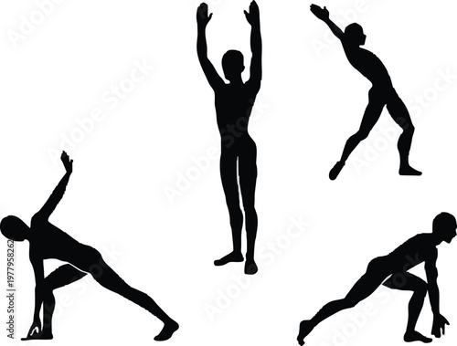 Silhouettes of people performing yoga and stretching exercises in various poses for fitness and wellness.