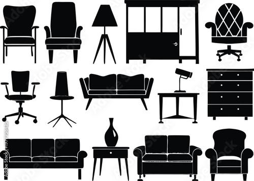 Assortment of black silhouette furniture items for interior design and home decor concepts.