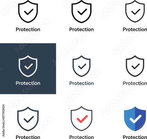 Shield protection icon set with check mark symbols for security safety antivirus privacy and secure digital systems
