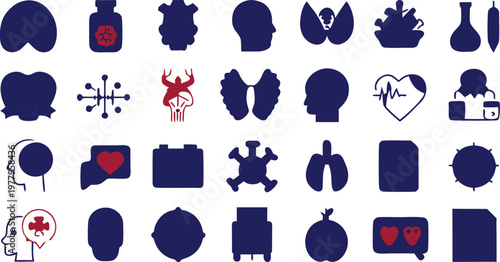 Collection of dark blue and red silhouettes representing medical and health concepts including organs and symbols.