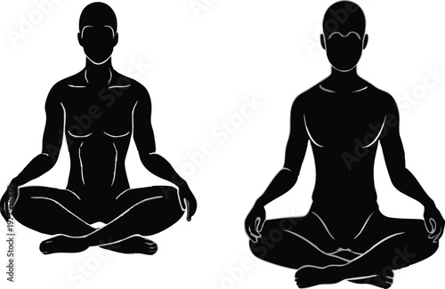 Silhouette of two people meditating in lotus pose on transparent background.