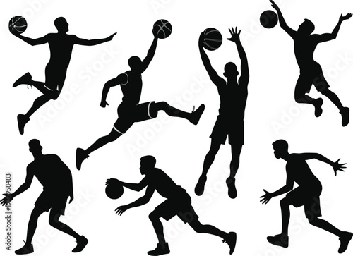 Collection of basketball player silhouettes in action on transparent background.