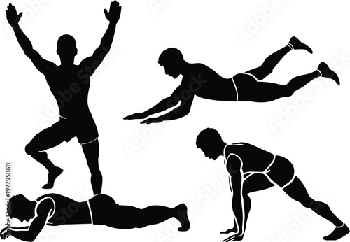 Man fitness poses, exercise silhouettes, athletic workout, body training.