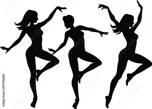 Dancers silhouettes, ballet pose, graceful women, rhythmic movement.