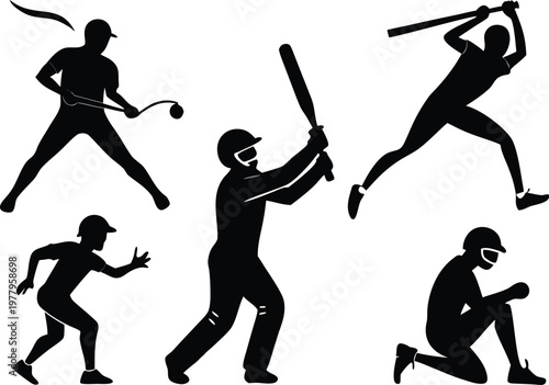 Collection of baseball players in silhouette in different batting and fielding actions.