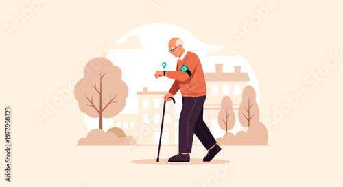 Elderly Man Using Smartwatch and GPS Tracker While Walking with a Cane - Health Monitoring and Safety Technology for Seniors Illustration