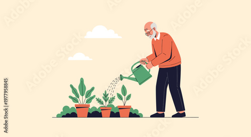 Senior Man Watering Potted Plants Illustration - Minimalist Flat Vector Design of Elderly Person Gardening Hobby
