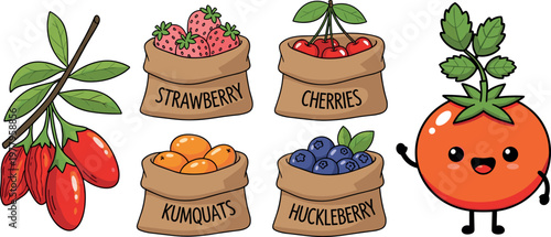 Cute cartoon berry and fruit collection vector illustration with labeled bags strawberry cherries kumquats huckleberry and smiling tomato character