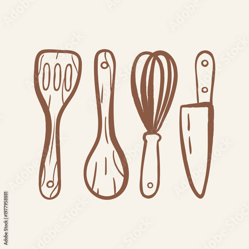 Kitchen utensils doodle set with spatula spoon whisk and knife hand drawn